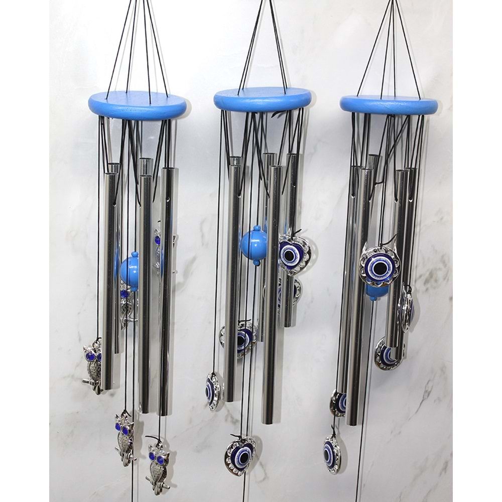Mavi Toplu Nazar Boncuklu Metal Rüzgar Çanı (72 cm)