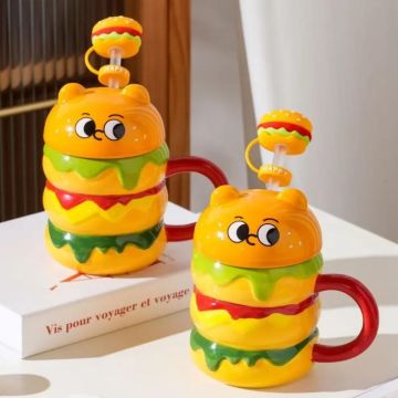 Hamburger Tırtıl Tasarımlı Pipetli Seramik Kupa Bardak