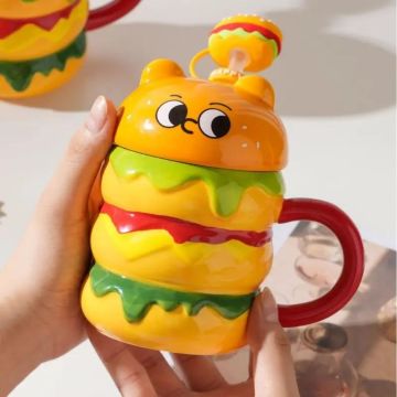 Hamburger Tırtıl Tasarımlı Pipetli Seramik Kupa Bardak