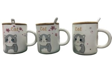 Seramik Kedi Tasarım Ahşap Kapaklı Kaşıklı Kupa Bardak