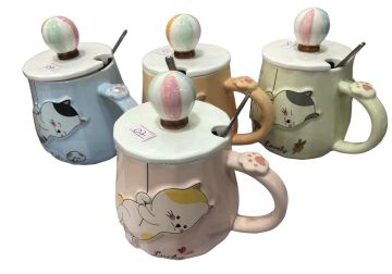 Seramik Kedi Tasarım Metal Kaşıklı Kapaklı Kupa Bardak