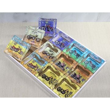 Kare Renkli Motosiklet Desenli Tasarımlı Cam Küllük (12 Adet)