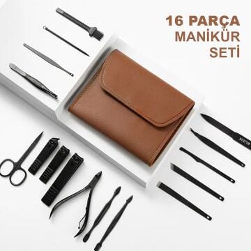 Kahverengi Deri Çantalı 16 Parça Manikür Seti