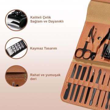 Kahverengi Deri Çantalı 16 Parça Manikür Seti
