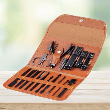 Kahverengi Deri Çantalı 16 Parça Manikür Seti