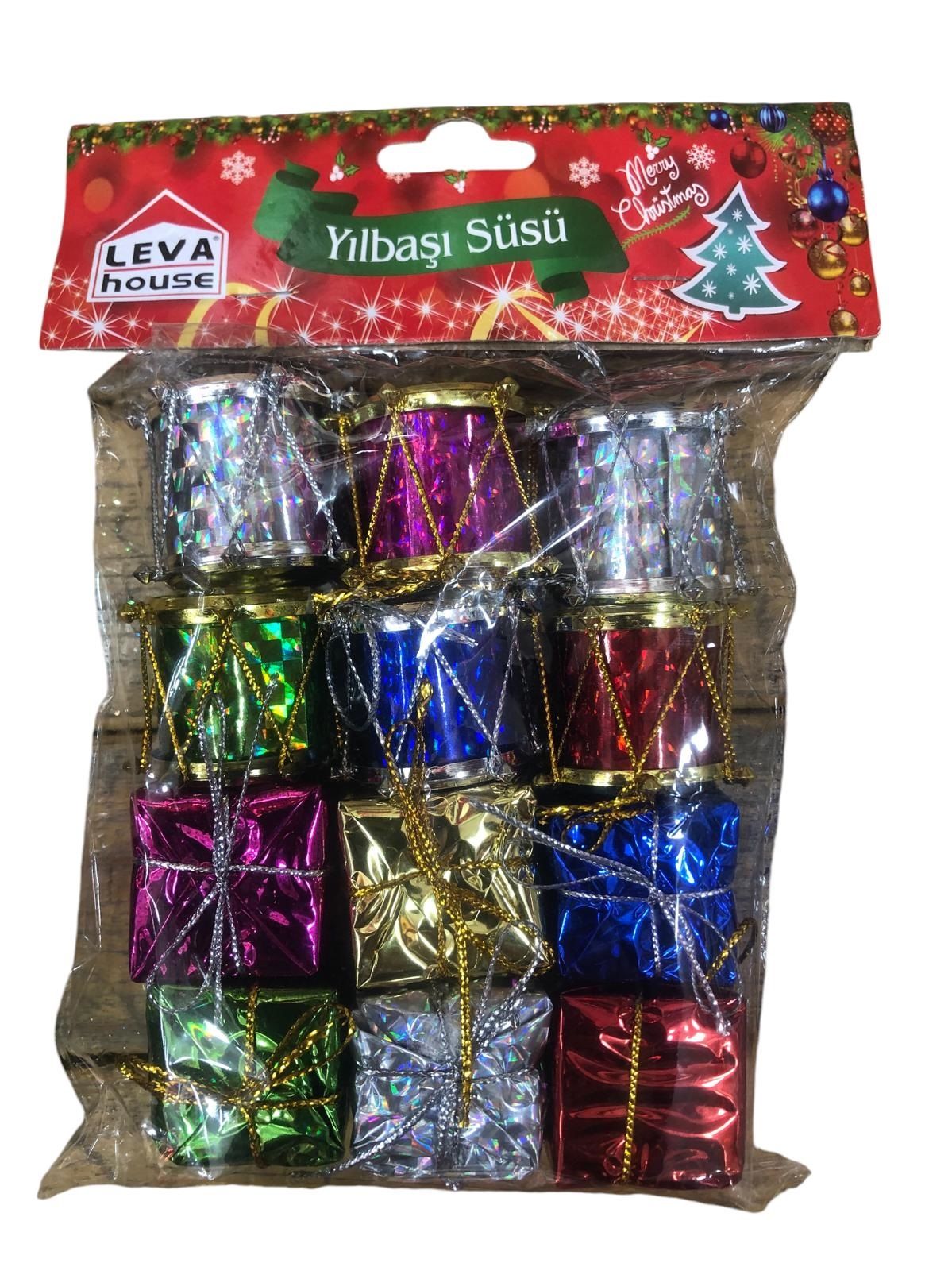 Davul Ve Hediye Paketi Yılbaşı Çam Ağacı Süsü (12 Adet)