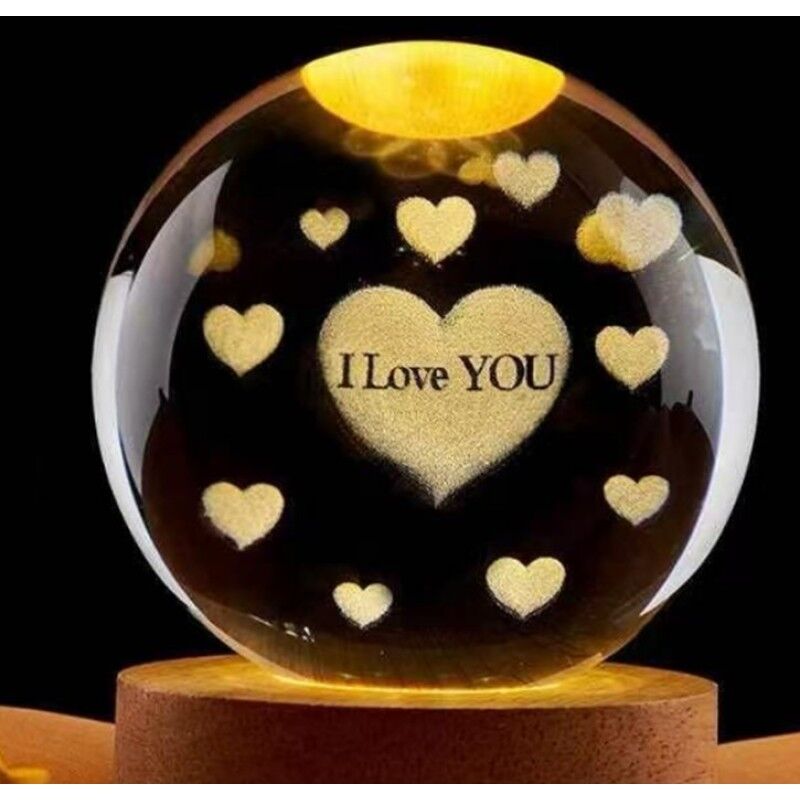Dekoratif Ahşap Kare Altlıklı I Love You Tasarımlı Işıklı Cam Küre (6 cm)