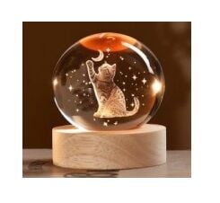Dekoratif Patili Kedi Tasarımlı Ahşap Altlıklı Işıklı Cam Küre (6 cm)