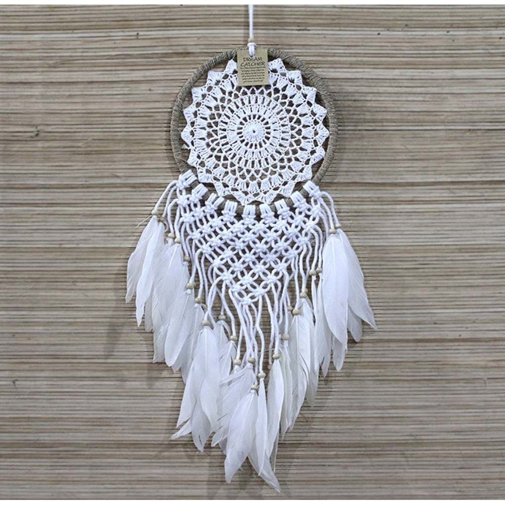 Beyaz Dantelli Boncukl Rüya Düş Kapanı Dream Catcher (70cm x22cm)