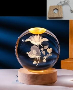 Dekoratif Ahşap Kare Altlıklı Gül Ve I Love You Işıklı Cam Küre (8 cm)