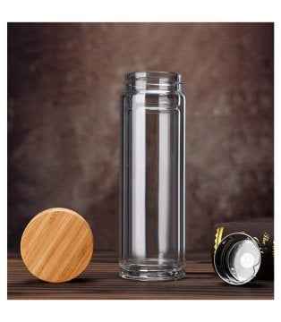 Süzgeçli Bambu Kapaklı Çift Katmanlı Cam Termos (350 ml)