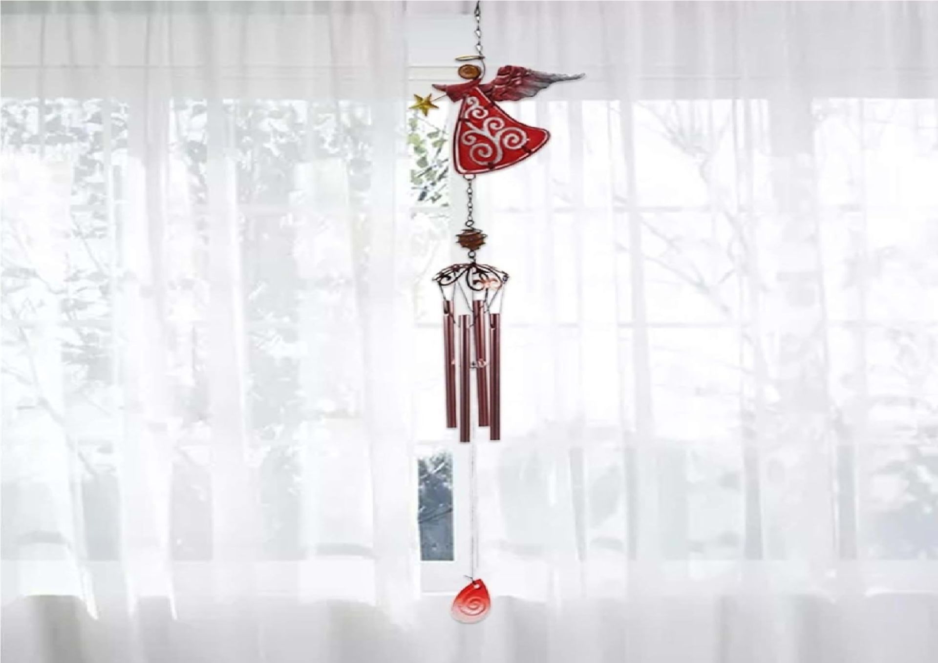 Melek Tasarım Dekoratif  Rüzgar Çanı Metal ve Cam Malzeme (77 cm)