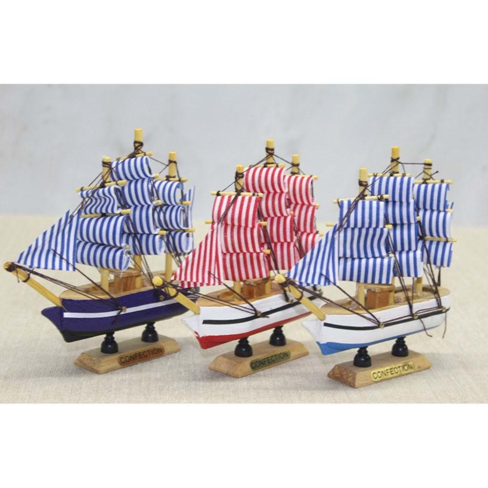 Ahşap Çizgili Bez Yelkenli Gemi Maketi (15 cm x 14 cm)