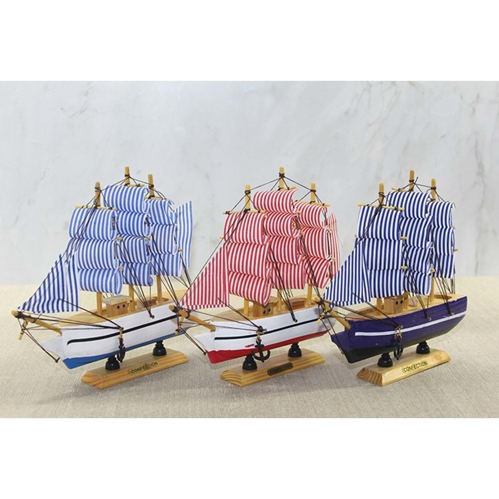 Ahşap Çizgili Bez Yelkenli Gemi Maketi (20 cm x 19 cm)