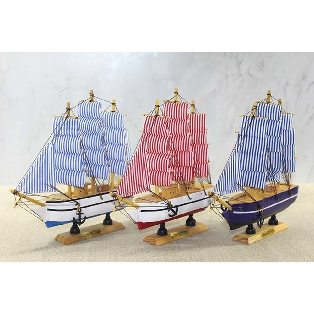 Ahşap Çizgili Bez Yelkenli Gemi Maketi (30 cm x 28 cm)