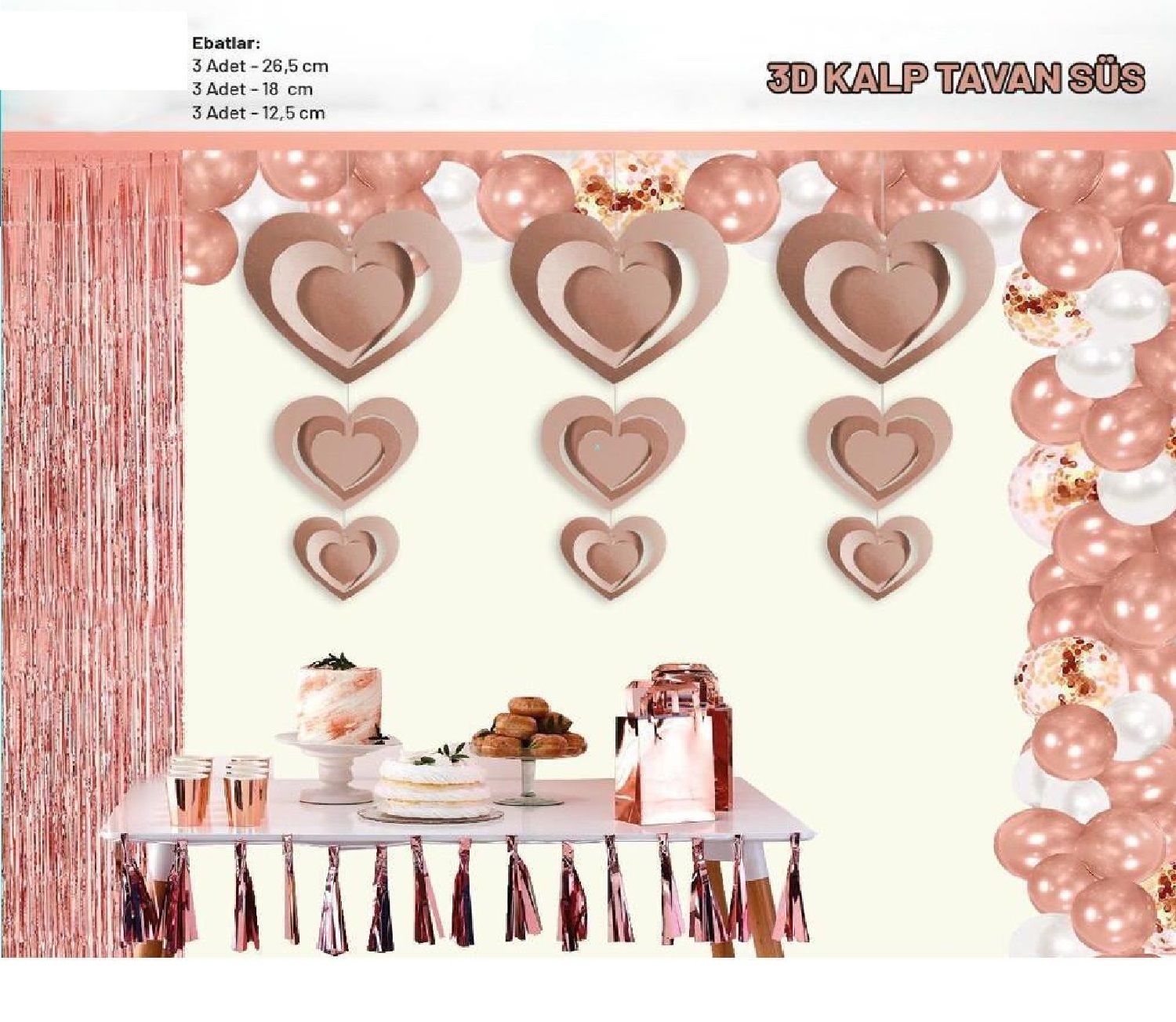 3D Kalp Rose Gold Tavan Süsü 9'Lu