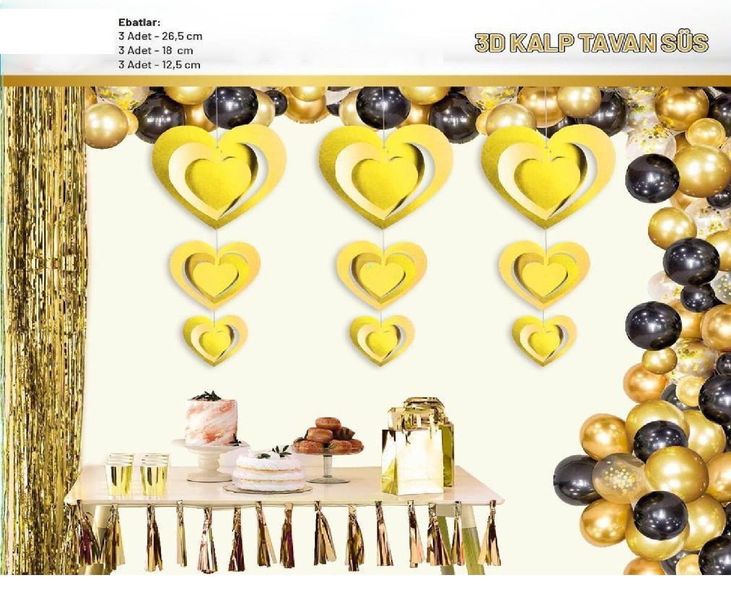 3D Kalp Gold Tavan Süsü 9'Lu