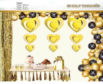 3D Kalp Gold Tavan Süsü 9'Lu