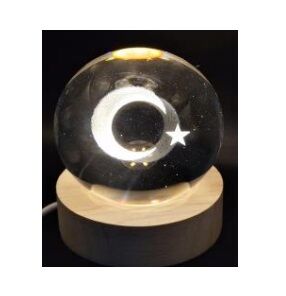 Dekoratif Ay Yıldız Tasarımlı Ahşap Altlıklı Işıklı Cam Küre (6 cm)