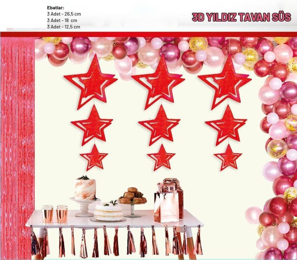 3D Yıldız Kırmızı Tavan Süsü 9'Lu