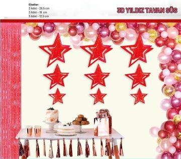 3D Yıldız Kırmızı Tavan Süsü 9'Lu