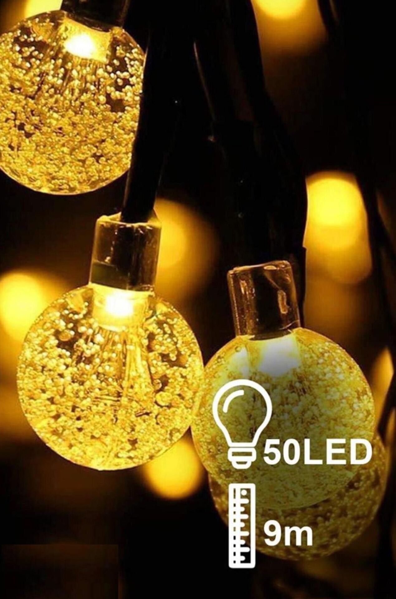 50'li Kristal Toplu Siyah Kablolu Gün Işığı Led Işık (9 mt)