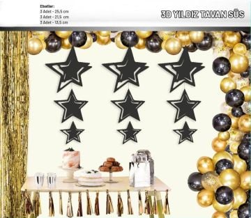 3D Yıldız Siyah Tavan Süsü 9'Lu