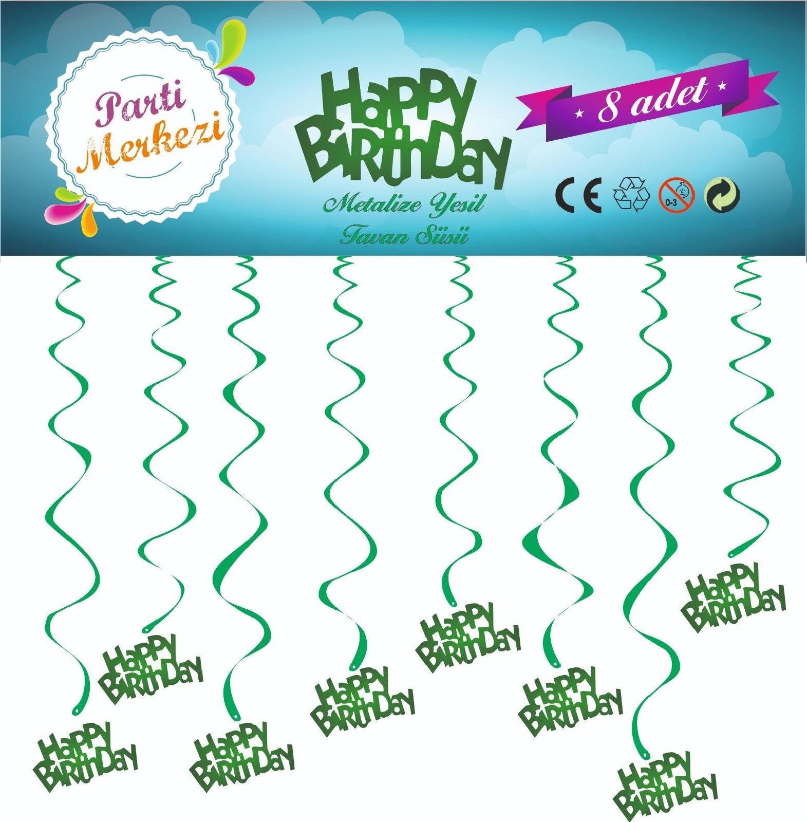 Metalize Yeşil Happy Birthday Tavan Süsü