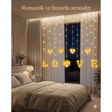 8 Modlu Kalp ve Love Detaylı Perde Led Işık (3mt)