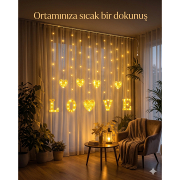 8 Modlu Kalp ve Love Detaylı Perde Led Işık (3mt)