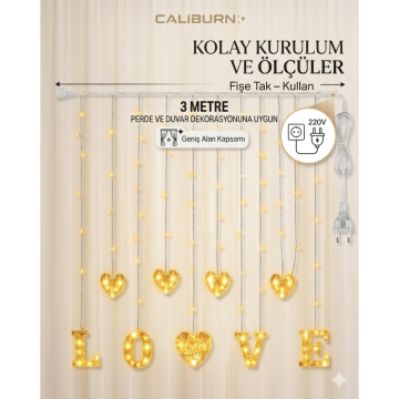 8 Modlu Kalp ve Love Detaylı Perde Led Işık (3mt)
