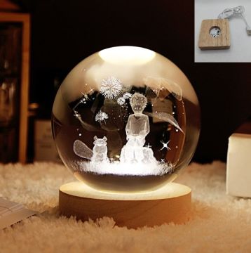 Dekoratif Ahşap Kare Altlıklı Küçük Prens Tasarımlı Işıklı Cam Küre (6 cm)