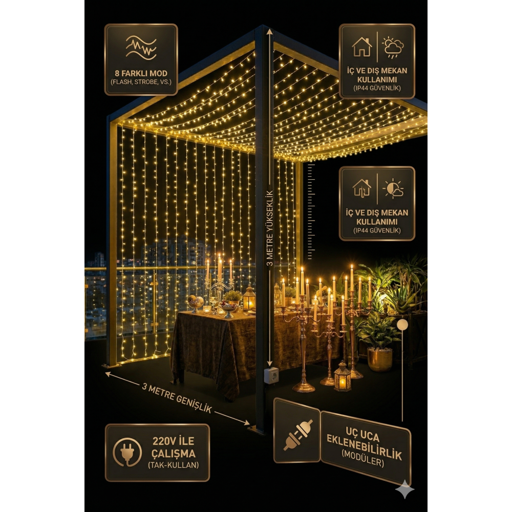3x2m Premium Yılbaşı Perde LED Aydınlatma