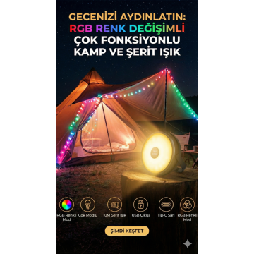 7 Işık Modlu Sarı Işık ve RGB Renkli Işık Kamp Lambası (10 mt)