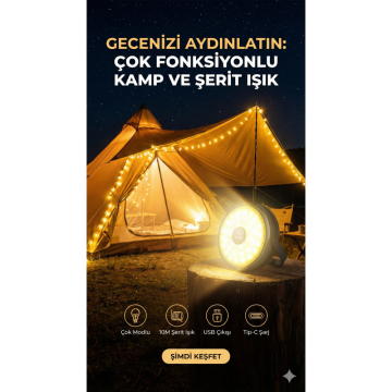 7 Işık Modlu Sarı Işık ve RGB Renkli Işık Kamp Lambası (10 mt)