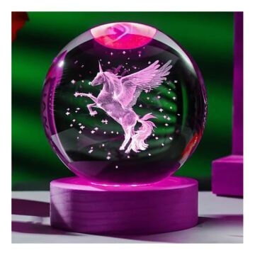 Dekoratif Ahşap Kare Altlıklı Unicorn Işıklı Cam Küre (8 cm)