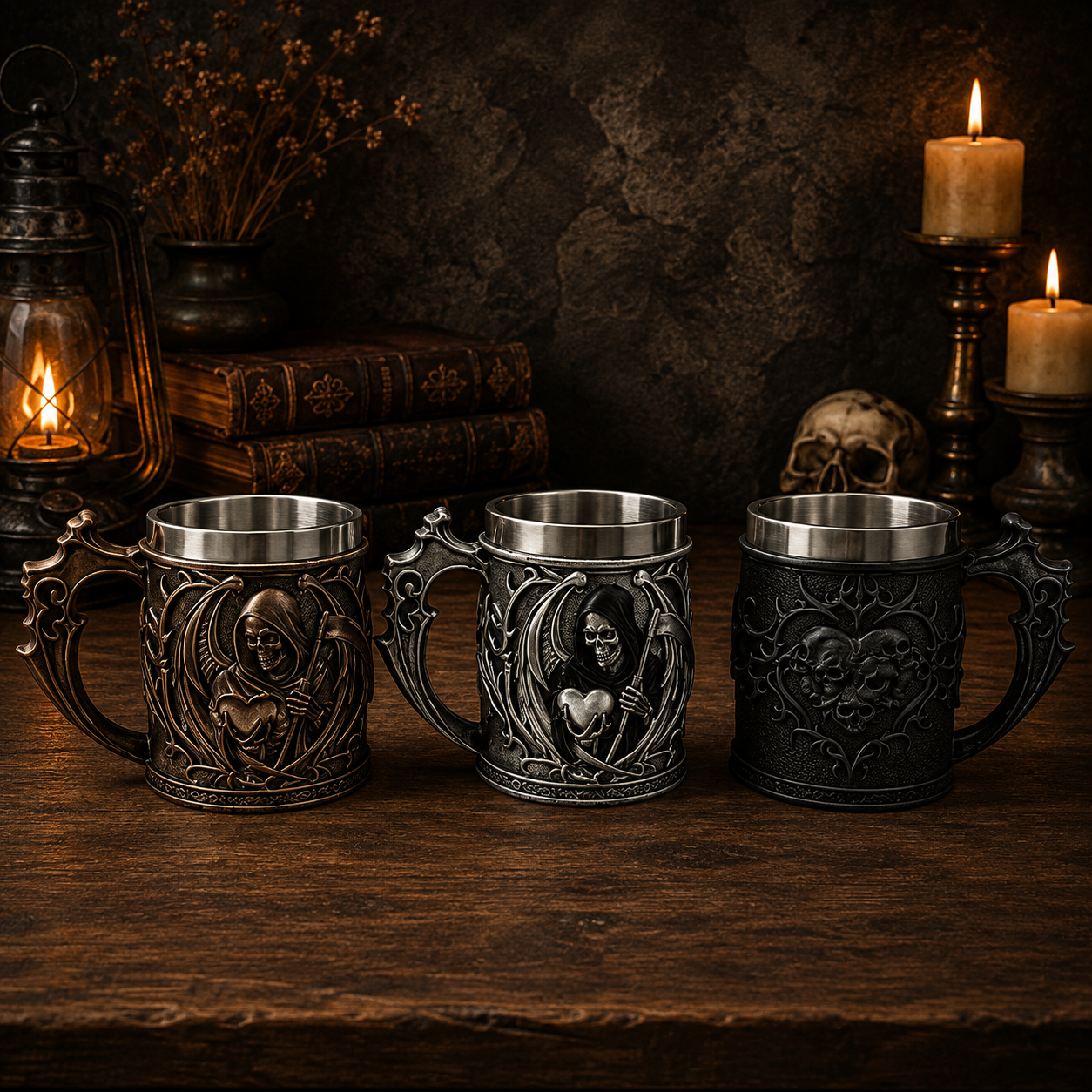 3D Gotik Kalp Kuru Kafa Tasarımlı Bardak