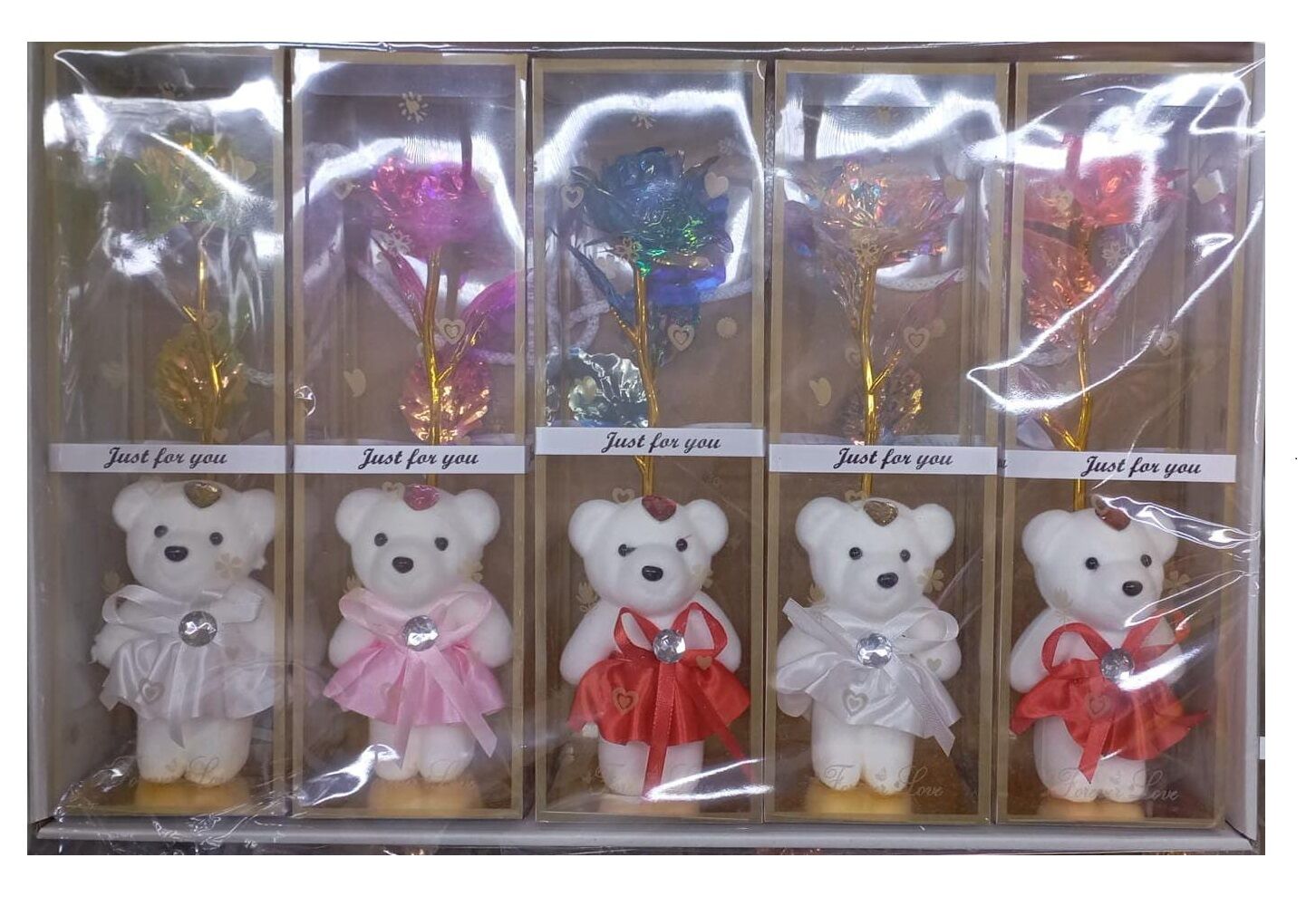 Sevgiliye Ayıcık Ve Renkli Gül Hediye Paketi (5 Adet)