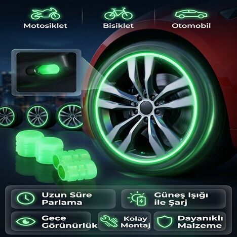Araç Motorsiklet Fosforlu Sibop Kapağı (4 Adet)