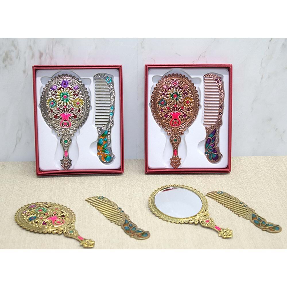 Metal Çiçekli Aynalı Tarak Seti (Küçük Boy)