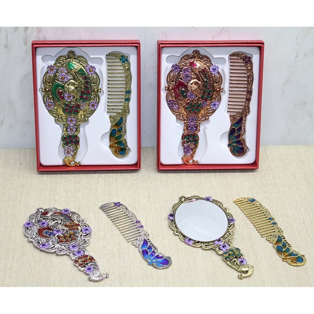Metal Renkli Tavus Kuşu Aynalı Tarak Seti (Küçük Boy)
