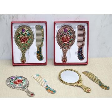 Metal Gül Tasarımlı Aynalı Tarak Seti (Küçük Boy)