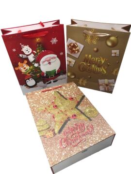 Yılbaşı Mery Christmas Temalı Karton Hediye Çantası (40cm x 30cm)