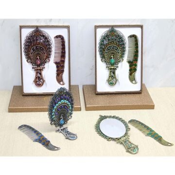 Metal Tavuskuşu Tasarımlı Katlanır Aynalı Tarak Seti (Büyük Boy)