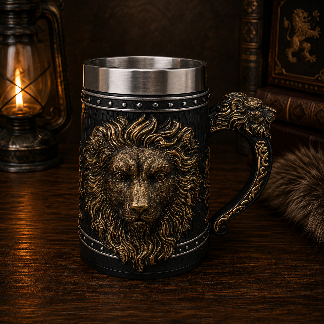 3D Aslan Kafası Kabartmalı ve Aslan Kulplu Kupa Bardak