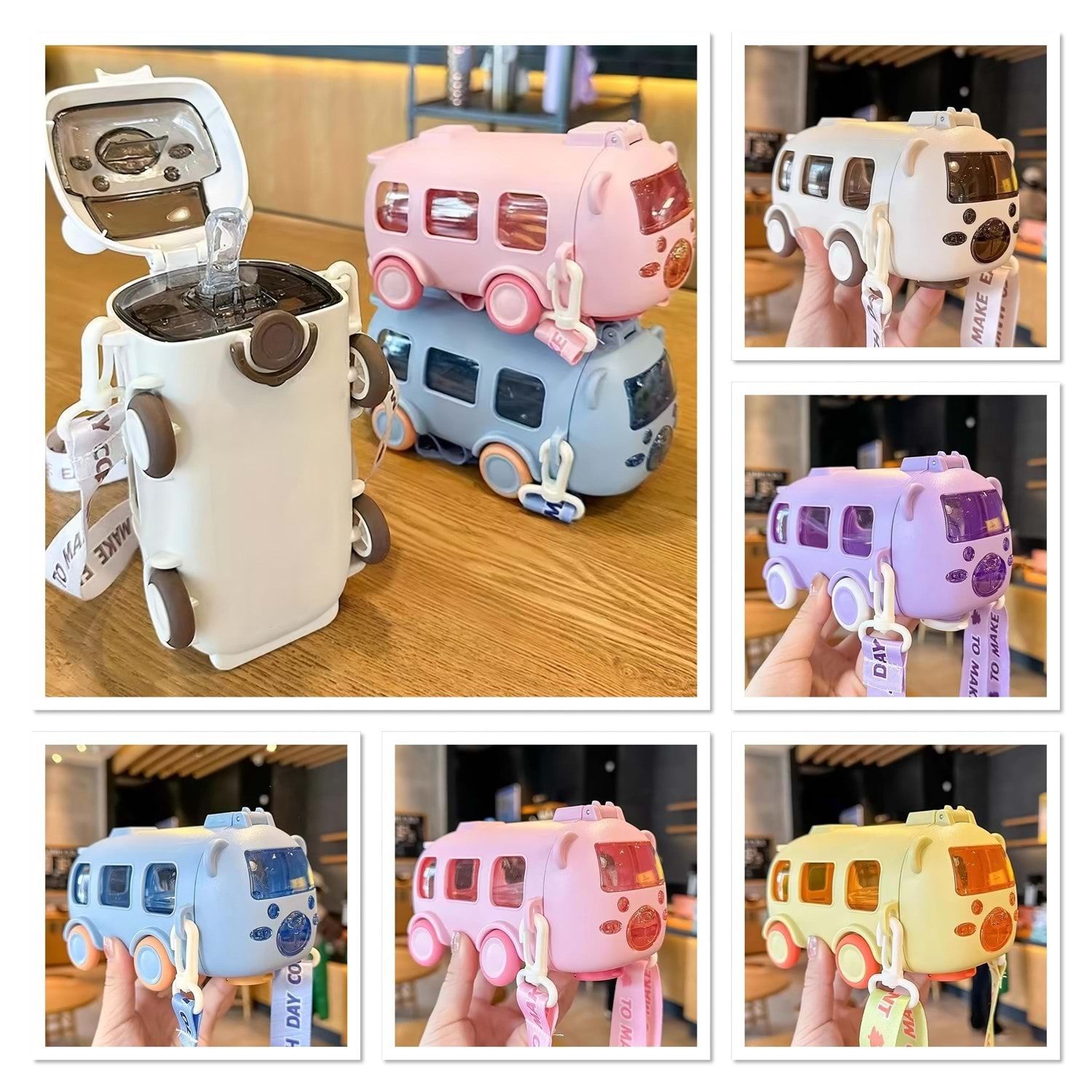 Renkli Otobüs Tasarımlı Pipetli Suluk 500ML