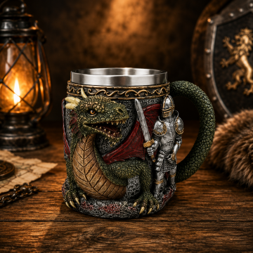 3D Şövalye ve Yeşil Ejderha Figürlü Kabartmalı Kupa