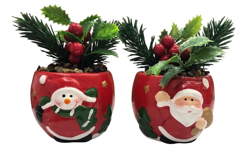 Seramik Saksı Tasarımlı Yılbaşı Noel Baba & Kardan Adam Biblosu