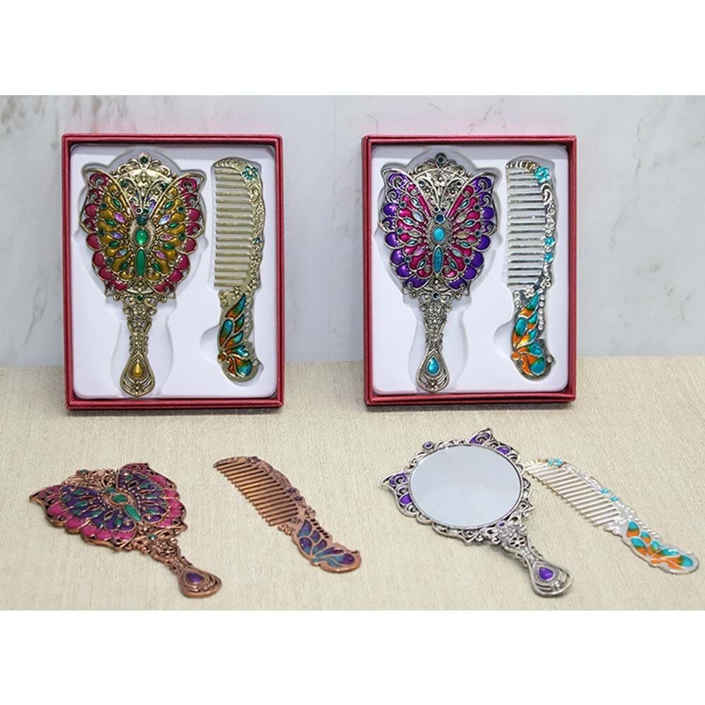 Metal Kelebek Aynalı Tarak Seti (Küçük Boy)