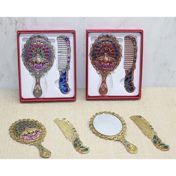 Taşlı Metal Tavus Kuşu Aynalı Tarak Seti (Küçük Boy)